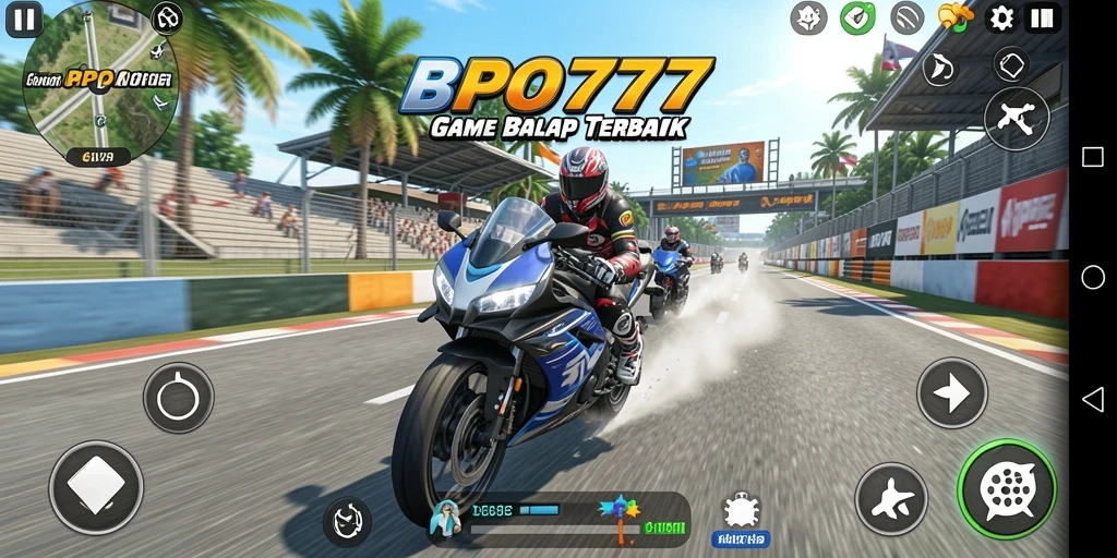 Screenshot BPO777 menampilkan aksi balap motor yang mendebarkan.
