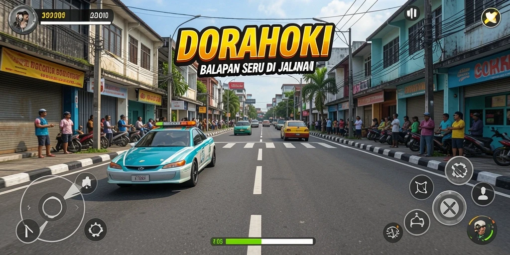Gameplay balapan intens di DORAHOKI dengan mobil yang melaju cepat.