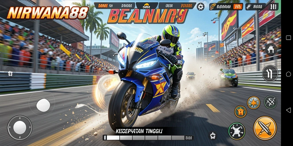 Screenshot utama NIRWANA88 menampilkan aksi balap motor yang mendebarkan.